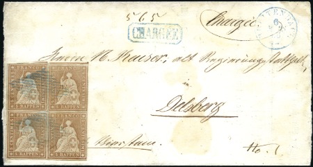 Stamp of Switzerland / Schweiz » Sitzende Helvetia Ungezähnt » 1856-57 Berner Druck (II) 5Rp braun, Viererblock mit blauer Raute entwertet 