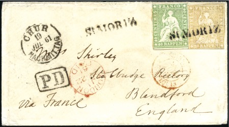 Stamp of Switzerland / Schweiz » Sitzende Helvetia Ungezähnt » 1857-62 Berner Druck, Dickes Papier 40Rp grün + 20Rp orange entwertet mit ST.MORIZ Bal