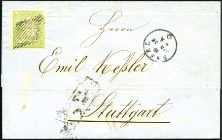 Stamp of Switzerland / Schweiz » Sitzende Helvetia Ungezähnt » 1856-57 Berner Druck (II) 40Rp grün, weissrandiges Stück mit Bogenrand links