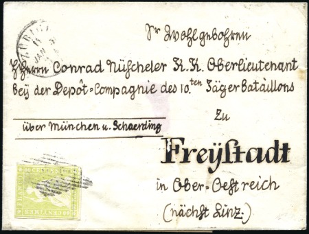 Stamp of Switzerland / Schweiz » Sitzende Helvetia Ungezähnt » Münchner Druck, 1. Auflage 40Rp blassgelbgrün mit Raute entwertet auf dekorat