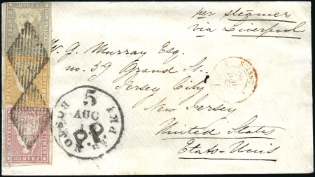 Stamp of Switzerland / Schweiz » Sitzende Helvetia Ungezähnt » 1856-57 Berner Druck (II) 1Fr violettgrau zusammen mit 20Rp orange & 15Rp ro