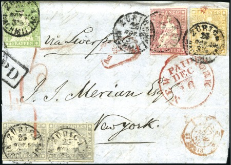 Stamp of Switzerland / Schweiz » Sitzende Helvetia Ungezähnt » 1856-57 Berner Druck (II) 1Fr violettgrau im Paar zusammen mit 40Rp grün, 15