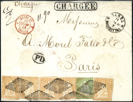 Stamp of Switzerland / Schweiz » Sitzende Helvetia Ungezähnt » 1854-55 Berner Druck (I) 20Rp orange, fünf Stück, zusammen mit 40Rp grün (B