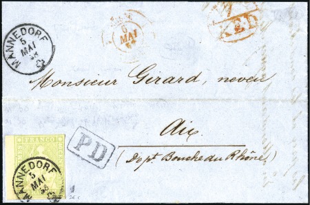 Stamp of Switzerland / Schweiz » Sitzende Helvetia Ungezähnt » 1856-57 Berner Druck (II) 40Rp grün mit Abart: Doppelseidenfaden, entwertet 