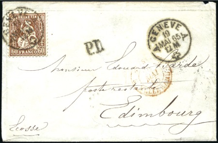 Stamp of Switzerland / Schweiz » Sitzende Helvetia Gezaehnt » Destinationen SCHOTTLAND 1865: 60C kupferbronze entwertet GENÈVE