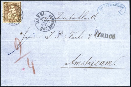 Stamp of Switzerland / Schweiz » Sitzende Helvetia Gezaehnt » Destinationen NIEDERLANDE 1863: 60C kupferbronze entwertet BASEL
