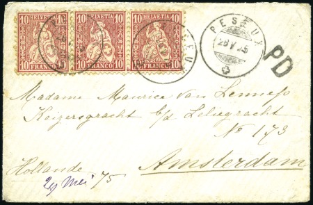 Stamp of Switzerland / Schweiz » Sitzende Helvetia Gezaehnt » Destinationen NIEDERLANDE 1875: 10C roter Dreierstreifen entwert