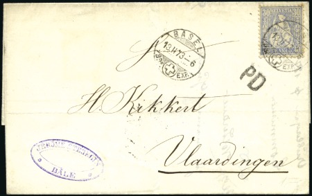 Stamp of Switzerland / Schweiz » Sitzende Helvetia Gezaehnt » Destinationen NIEDERLANDE 1873: 30C ultramarin entwertet BASEL 1