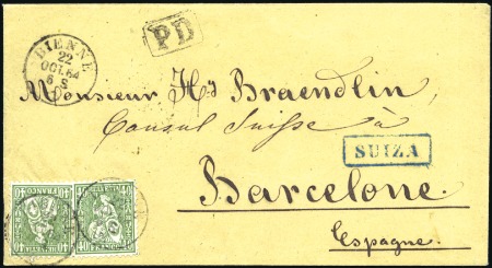 Stamp of Switzerland / Schweiz » Sitzende Helvetia Gezaehnt » Destinationen SPANIEN 1864: 40C grün (2) entwertet BIENNE 22 OCT