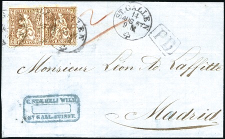 Stamp of Switzerland / Schweiz » Sitzende Helvetia Gezaehnt » Destinationen SPANIEN 1867: 60C kupferbronze (2) entwertet ST. G