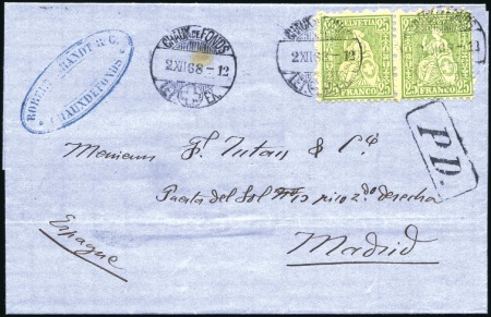 Stamp of Switzerland / Schweiz » Sitzende Helvetia Gezaehnt » Destinationen SPANIEN 1868: Zwei Faltbriefe aus gleicher Korresp