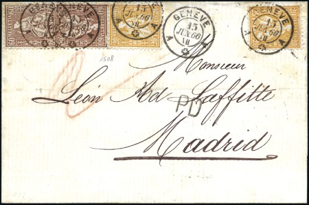 Stamp of Switzerland / Schweiz » Sitzende Helvetia Gezaehnt » Destinationen SPANIEN 1866: 60C kupferbronze (2) und 20C orange 