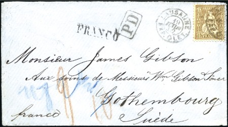 Stamp of Switzerland / Schweiz » Sitzende Helvetia Gezaehnt » Destinationen SCHWEDEN 1866: 1Fr goldbronze, rötlich, entwertet 