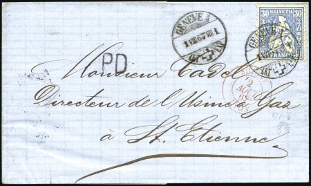 Stamp of Switzerland / Schweiz » Sitzende Helvetia Gezaehnt » Briefmarken 1867-1878 30C RHEINBLAU klar entwertet GENÈVE 1 VIII 67 auf 