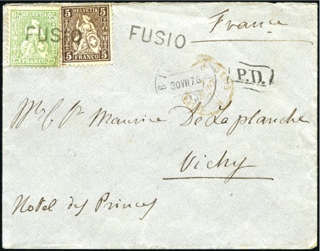 Stamp of Switzerland / Schweiz » Sitzende Helvetia Gezaehnt » Briefmarken 1867-1878 25C grün und 5C braun entwertet mit Stabstempel FU