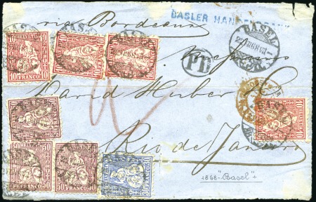BRASILIEN 1868: 50C lila (3), 30C ultramarin, 10C 
