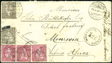 LIBERIA 1881: 10C rot (3) und 5C braun (2), weisse