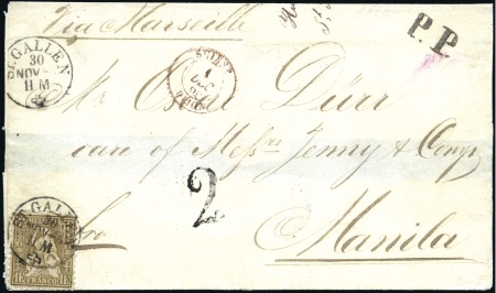 Stamp of Switzerland / Schweiz » Sitzende Helvetia Gezaehnt » Destinationen PHILIPPINEN 1866: 1Fr golden entwertet ST.GALLEN 3