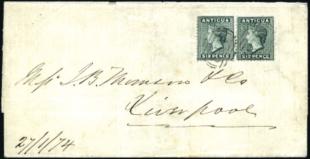 Stamp of Antigua & Barbuda 1874 (Jan 28) Wrapper to the UK with 1872 6d pair 