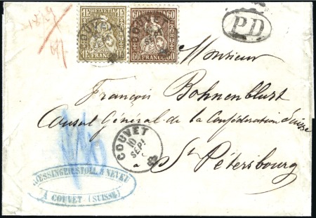 Stamp of Switzerland / Schweiz » Sitzende Helvetia Gezaehnt » Destinationen RUSSLAND 1864: 1Fr golden und 60C kupferbronze ent