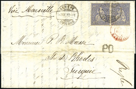 Stamp of Switzerland / Schweiz » Sitzende Helvetia Gezaehnt » Destinationen RHODOS INSEL 1872: 30C ultramarin im Paar entwerte