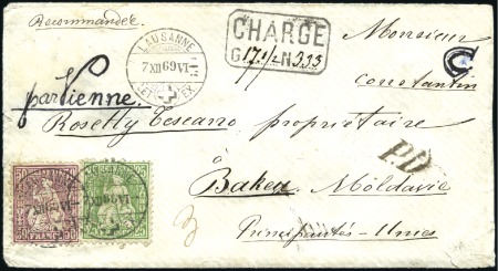 Stamp of Switzerland / Schweiz » Sitzende Helvetia Gezaehnt » Destinationen RUMÄNIEN 1869: 50C lila und 25C grün, entwertet LA