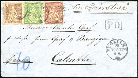 INDIEN 1872: 50C lila, 25C grün und 10C rot entwer