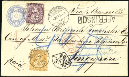 Stamp of Switzerland / Schweiz » Sitzende Helvetia Gezaehnt » Destinationen SINGAPORE 1873: 50C lila und 20C orange entwertet 