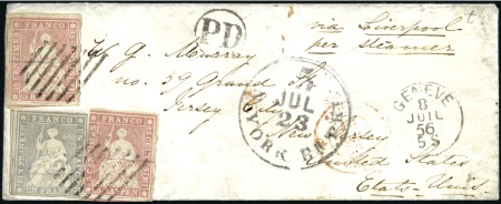 Stamp of Switzerland / Schweiz » Sitzende Helvetia Ungezähnt » 1856-57 Berner Druck (II) 1Fr violettgrau zusammen mit zwei 15Rp rosa (Berne