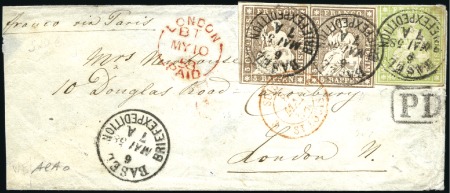 Stamp of Switzerland / Schweiz » Sitzende Helvetia Ungezähnt » 1856-57 Berner Druck (II) 40Rp grün zusammen mit 5Rp braun (Berner Druck III