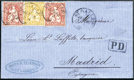 Stamp of Switzerland / Schweiz » Sitzende Helvetia Gezaehnt » Destinationen SPANIEN 1866: 30C zinnober(2) und 20C orange entwe
