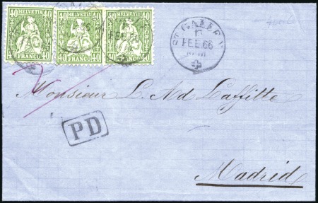 Stamp of Switzerland / Schweiz » Sitzende Helvetia Gezaehnt » Destinationen SPANIEN 1866: 40C grün (3) entwertet ST. GALLEN 15