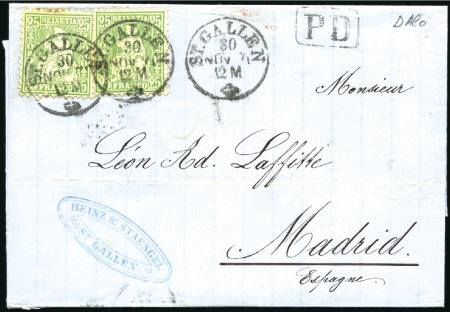 Stamp of Switzerland / Schweiz » Sitzende Helvetia Gezaehnt » Destinationen SPANIEN 1871: 25C grün (2) entwertet ST. GALLEN 30