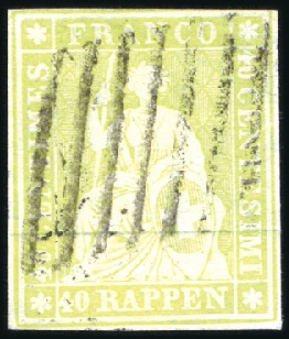 Stamp of Switzerland / Schweiz » Sitzende Helvetia Ungezähnt » Münchner Druck, 1. Auflage 40Rp blassgelbgrün, entwertet mit Genfer 7-Linien 