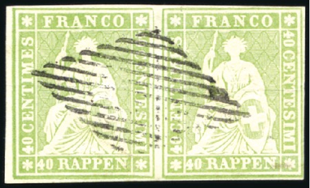 Stamp of Switzerland / Schweiz » Sitzende Helvetia Ungezähnt » 1856-57 Berner Druck (II) 40Rp grün, weissrandiges Paar entwertet Raute, Att