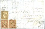 Stamp of Switzerland / Schweiz » Sitzende Helvetia Ungezähnt » 1854-55 Berner Druck (I) 15Rp karminrosa (2) und 5Rp braun entwertet PD im 