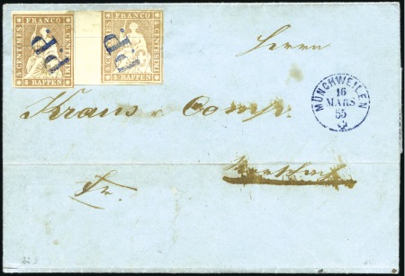 Stamp of Switzerland / Schweiz » Sitzende Helvetia Ungezähnt » 1854-55 Berner Druck (I) 5Rp graubraun, zwei Marken mit leicht unterschiedl