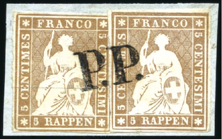 Stamp of Switzerland / Schweiz » Sitzende Helvetia Ungezähnt » Münchner Druck, 2. Auflage 5Rp braun, zwei Marken sauber entwertet P.P. (AW N
