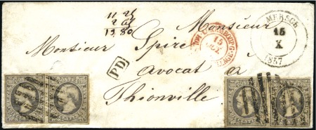 1857 Cover to France franked 1852 10c two pairs, M