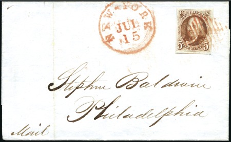 Stamp of United States 1847 5c red brown showing large margins and neighb