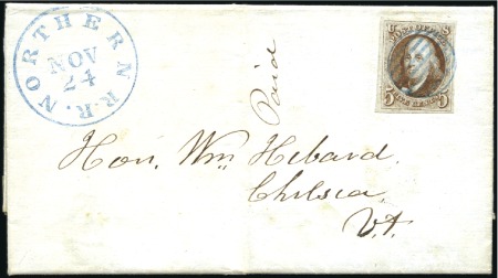 1847 5c red brown showing large margins tied by bl