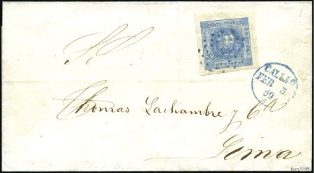 1858 1d blue with blue CALLAO cancel on 1859 cover