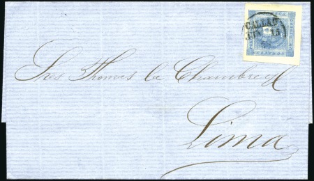 1858 1d blue tied by CALLAO cds to 1859 cover to L