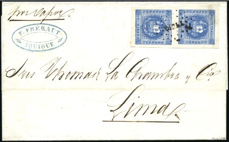 1858 1d blue in pair on 1858 cover from Iquique to