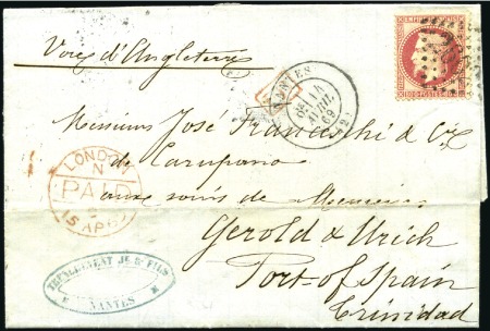 1869 Lettre de Nantes 14.04.69 pour l'ile de la TR