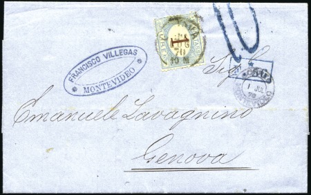 Stamp of Uruguay » Postal History 1870 Cover to Italy with Montevideo 01.07.70 cds, rated "10", "F*56" exchange mark, Italy Due 1L tied by Genova cds on arrival