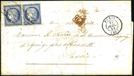 Stamp of France 1851 25c bleu x2 obl. grille sans fin sur pli de P
