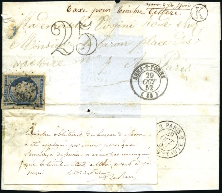 1849 25c bleu ayant déjà servi et remis sur une le