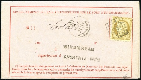 Stamp of France 10c Siège sur Avis de chargement de Mirambeau 23.0