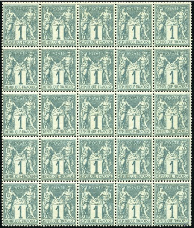 Stamp of France 1876-78 Sage N sous B 1c vert en BLOC DE 25, neuf 